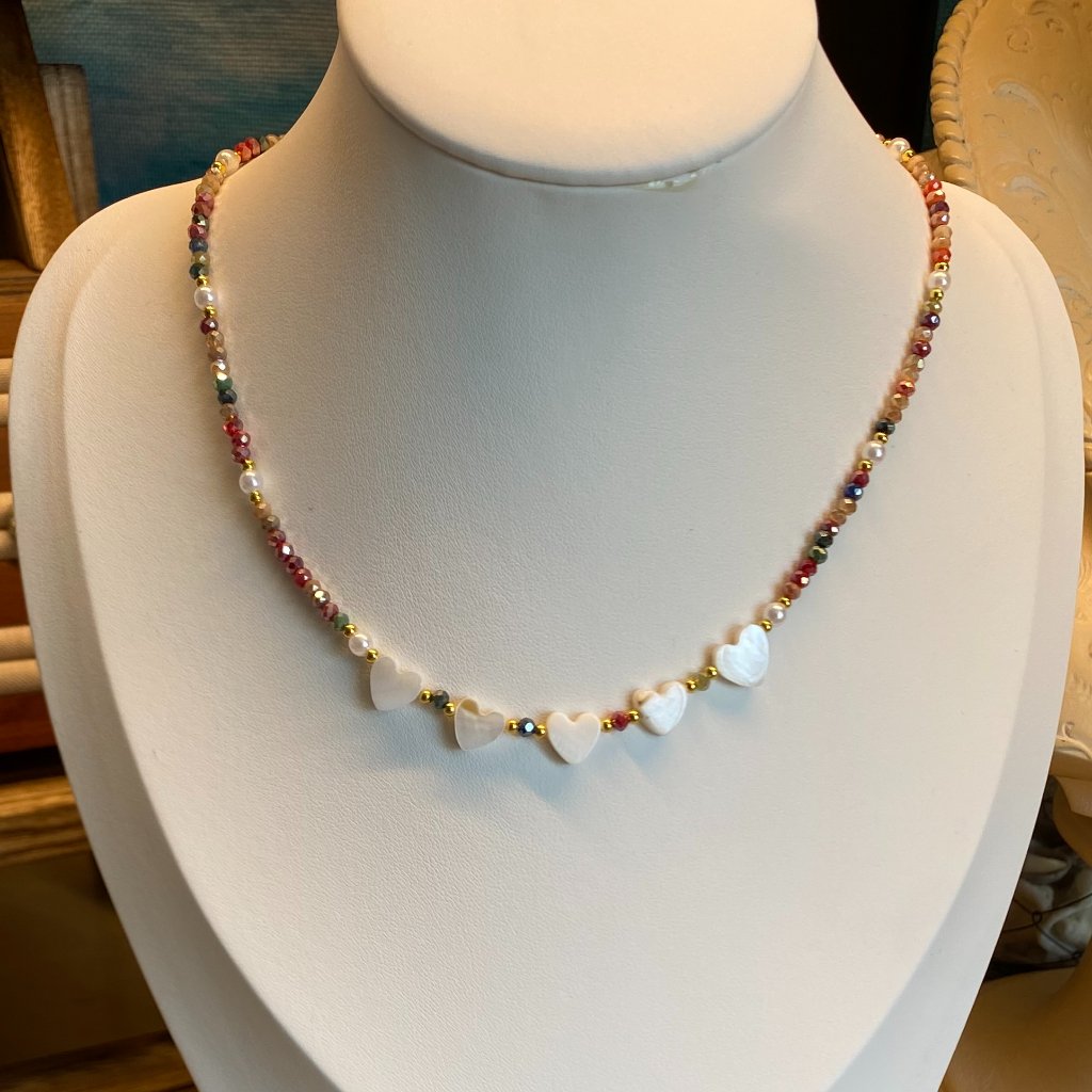 M85 Mop Heart And Crystal Bead Necklace Choker Style Real Shell Beads